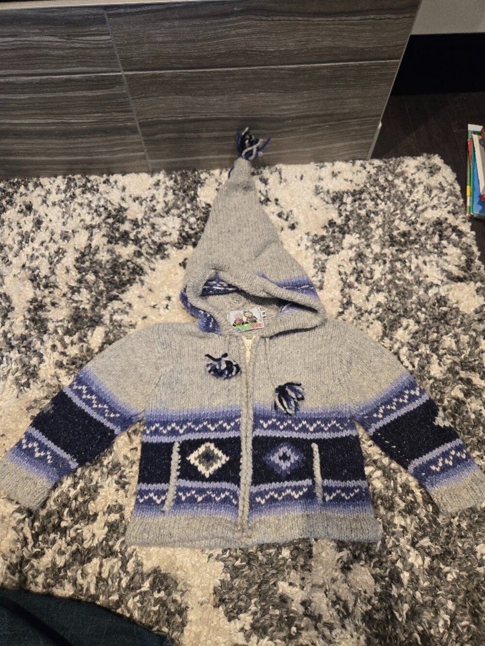 Paca Pops Kidz Wool Blend Hooded Knit Sweater | Size 4 | Grey Blue